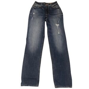 NWT Maurices Jeans Straight Leg Distressed High Rise Dark Wash Relaxed Womens 0